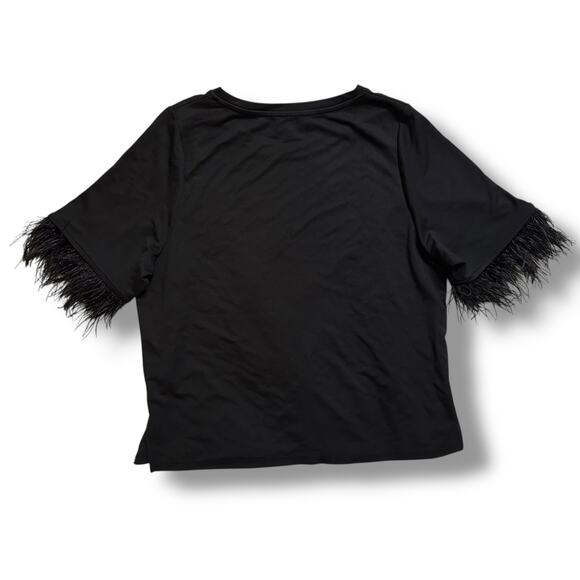 Forcynthia Black Feather Trim Short Sleeve Statement Top Women’s L - Picture 4 of 5